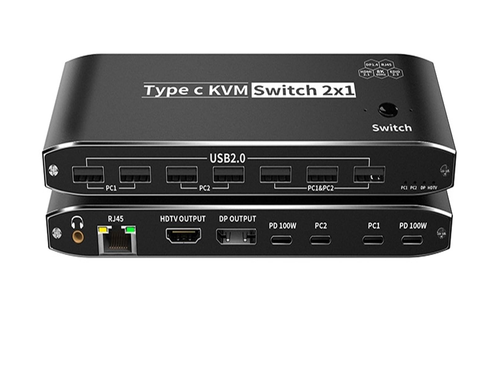 Commutateur KVM Commutateur KVM USB C vers HMI DP 3500W 8K, commutateur vidéo 4K120Hz avec Port réseau RJ45 PD 100W, Charge for 2 PC vers 1 Moniteur TV