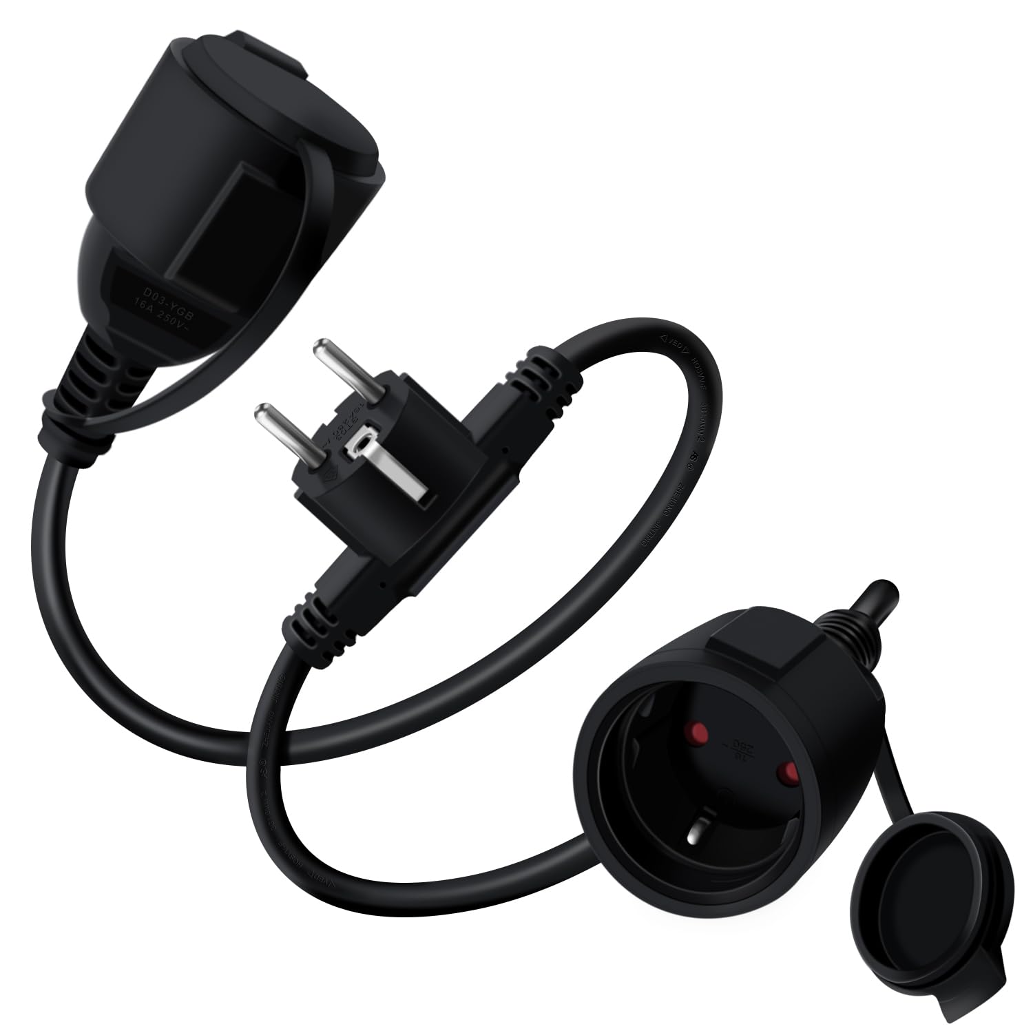 Rallonge Électrique Courte Schuko 0.5m IP44 - 16A 250V, Câble Extension Extérieur/Intérieur Avec Cache-Sécurité