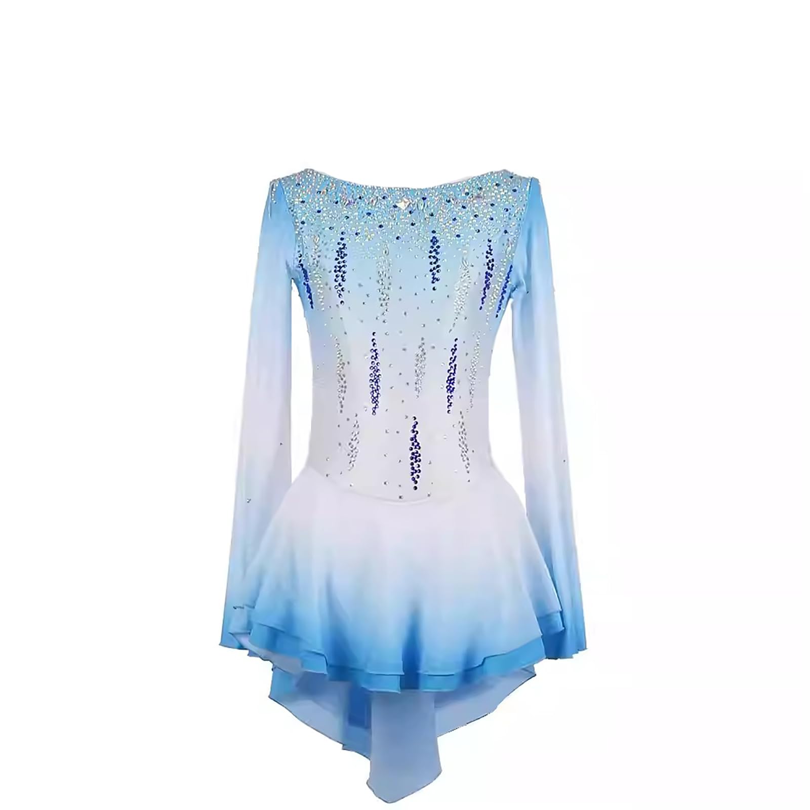 Vestido de patinaje artístico para mujer, alta elasticidad, color azul de manga larga, patinaje artístico, para concurso