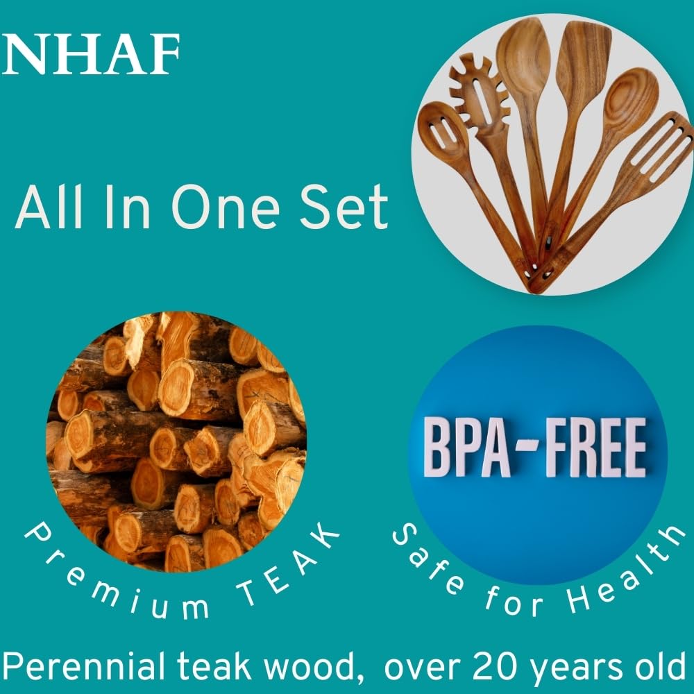 Premium-Teak-Löffel, Holzlöffel zum Kochen, langlebig, umweltfreundlich und sicher, Küchen-Kochlöffel, Kochgeschenke für Mutter, gesunde Kochutensilien (6er-Set) und Haken