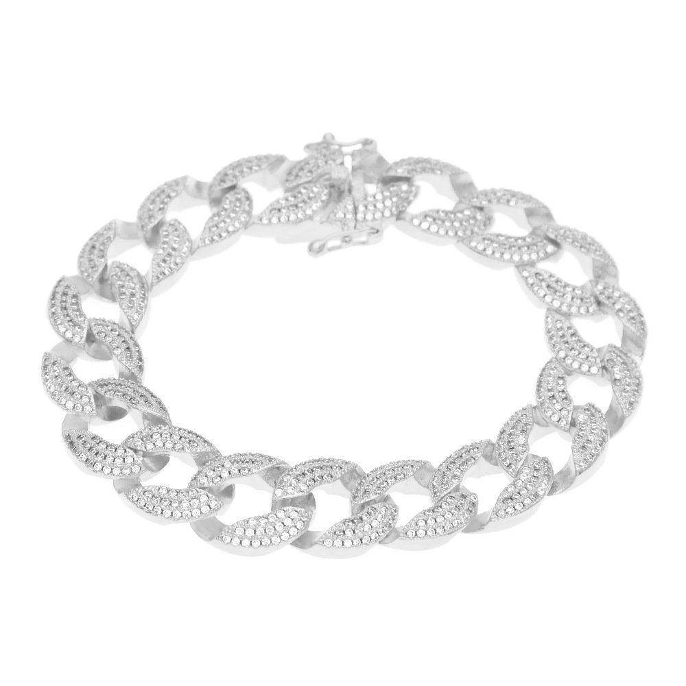 HongBoomHip Hop Miami Cuban Chain 14K Gold Plated CZ Fully Iced-Out 15mm Zircon Bracelet (Silver)