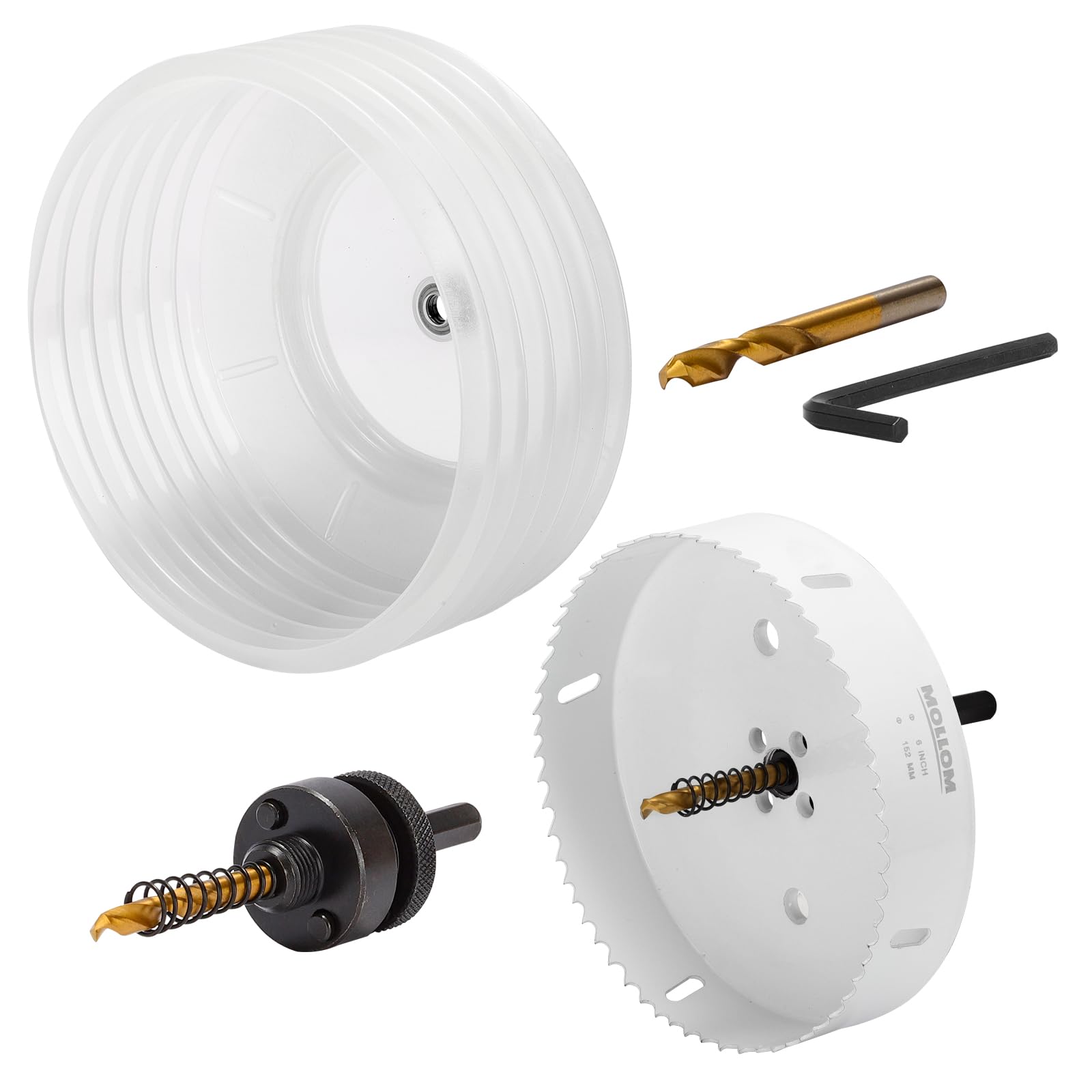 Mollom (6" | 152mm) HSS M42 8% Cobalt BI-Metal Hole Saw with Dust Bowl for Recessed Lights Can Lights,2 Pilot Drill Bits&Mandrel Cutting for PVC,