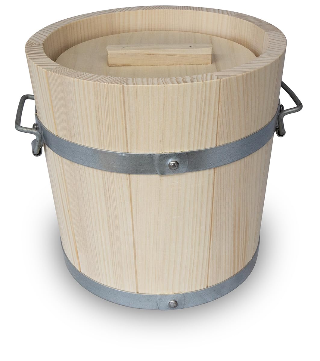 KERAZO Fermentation Bucket with Lid - Natural Fermentation Barrel with Metal Strapping and Handles - Wooden Sauerkraut Barrel for Fermentation of Vegetables, Kimchi, Cucumbers - Wooden Fermentation