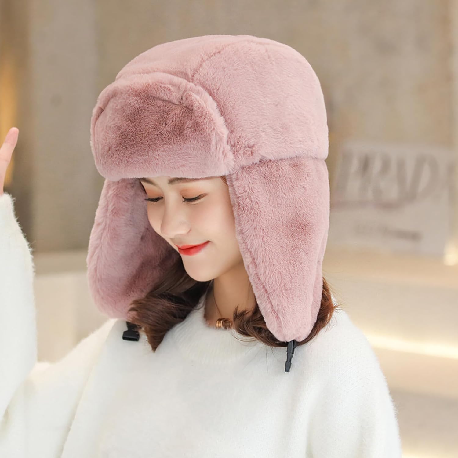 CALLARON Women’s Winter Earflap Hat Thick Plush Windproof Cap with Ear Protection for Outdoor Cold Weather Pink