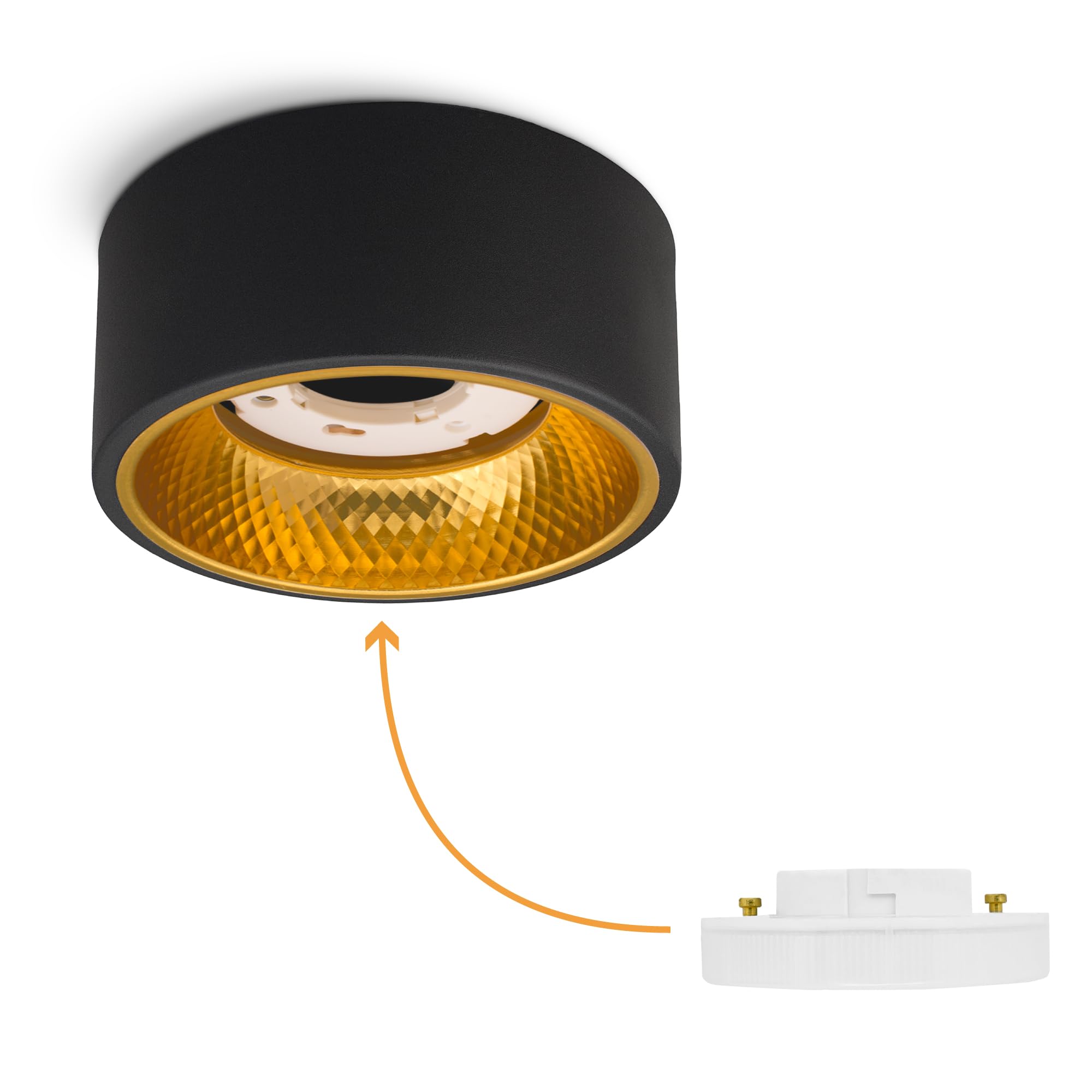 SSC-LUXon OLINO Aufbauspot 4x schwarz Wechselfront gold/silber für GX53 | Vier Aufputz-Spots schwarz mit wechselbarer Front in Gold & Silber - für Flur, Küche & Büro, für GX53 (ohne Leuchtmittel)