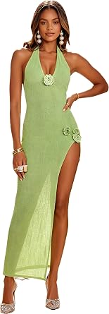 Women Sexy Backless See Through Knitted 3D Embroidery Dresses V-Neck Open Leg Sleeveless Halter Gown