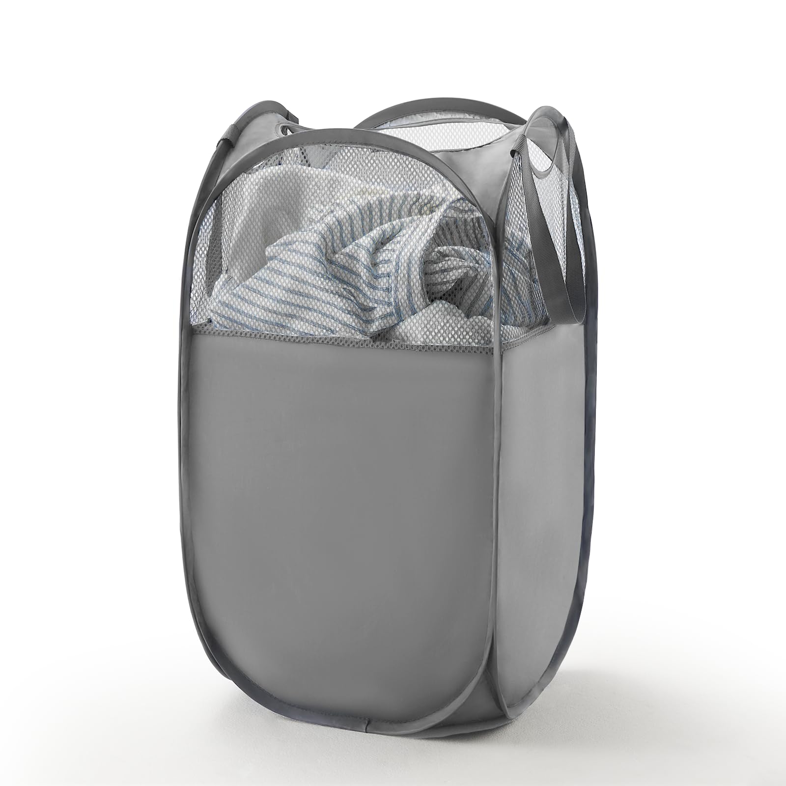 TECHMILLY Pop Up Foldable Laundry Basket, Mesh Laundry Hamper with Reinforced Handles for Dirty Clothes Storage in Dorm, Laundry Room, Bathroom, Grey(Fabric)