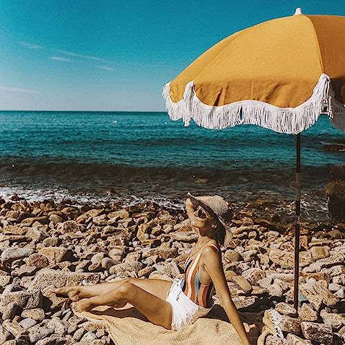 Business & Pleasure Co. Holiday Umbrella - Boho Beach Umbrella with White Fringe, UPF 50+, 1" Tilting Wood Pole, 5’ x 6.5’, Vintage Gold by Business & Pleasure Co. - Used condition - Image 4