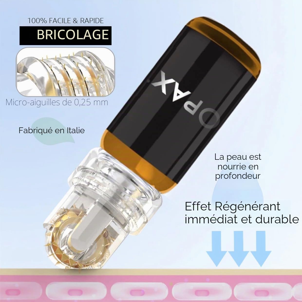 Opax Dermaroller 0,25 mm pour microneedling visage – Soin de la peau – Sérum 10 ml à l’acide hyaluronique, Coenzyme Q10, Collagène et Élastine – Fabriqué en Italie