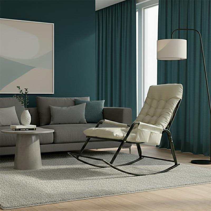 Image of Padded Rocking Lounge Chair with Thick Tufted Cushion, Sturdy Metal Frame, Modern Indoor Rocker Armchair for Living Room, Bedroom, Reading Corner, or Relaxation Space (Cream, Small)