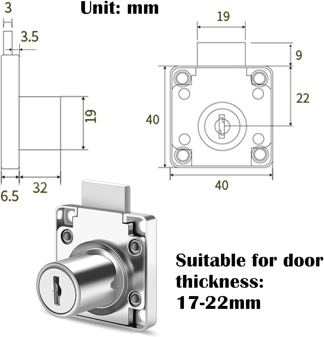Cabinet Drawer Locks & Forstner Drill Bit (Drill Diameter 0.79"/20mm) Furniture Locker Locks Wardrobe Locks All Lock Keys are Independent Suitable for Door Panels 17-22 mm Thick. [Black]