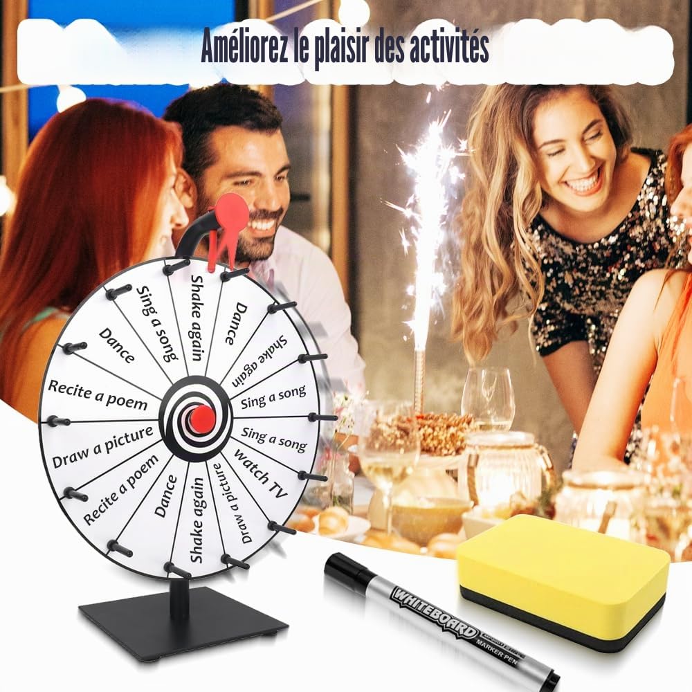 Roue de La Fortune,30cm Roue de la Chance avec 14 Emplacements,Roues de Loterie avec Gomme et marqueur,Roues de Prix Tournante pour Jeux de Loterie,Jeux de Mots Carnaval,Fête Noir et Blanc