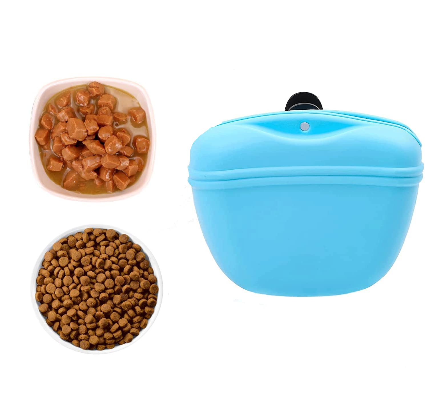 Bolsa Premios Perro, 1Pcs Bolsa de Comida para Perros de Silicona Bolsa de Entrenamiento para Mascotas bolsa de comida portátil con cierre magnético y clip para la cintura para Entrenamiento de Perros