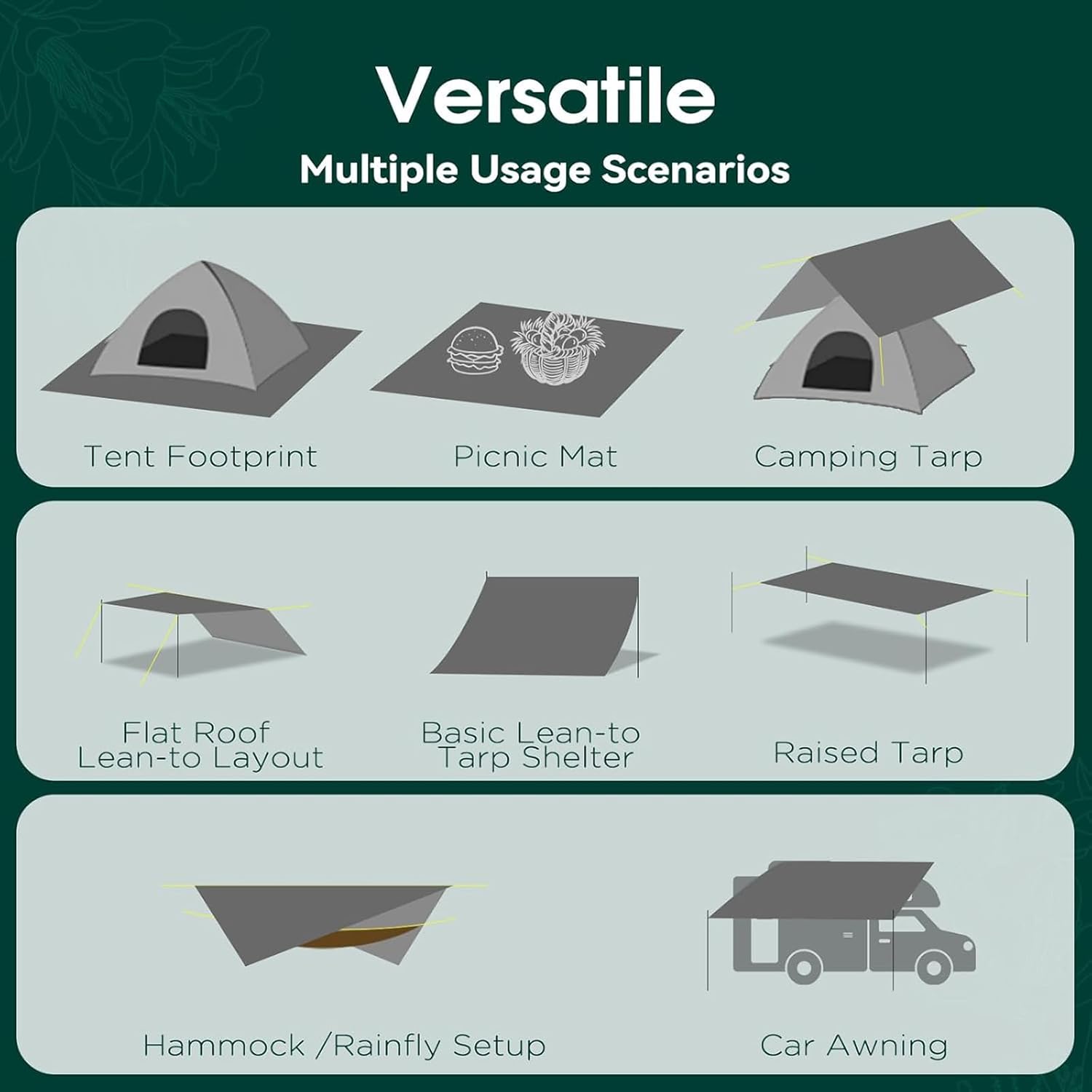 Tent Footprints Outdoor Camping Tent Floor Mat Moisture Proof Ground Sheet 210D Oxford Cloth Ultralight Waterproof Wear-Resistant Multi-Purpose Shading Trap with Tent Stakes