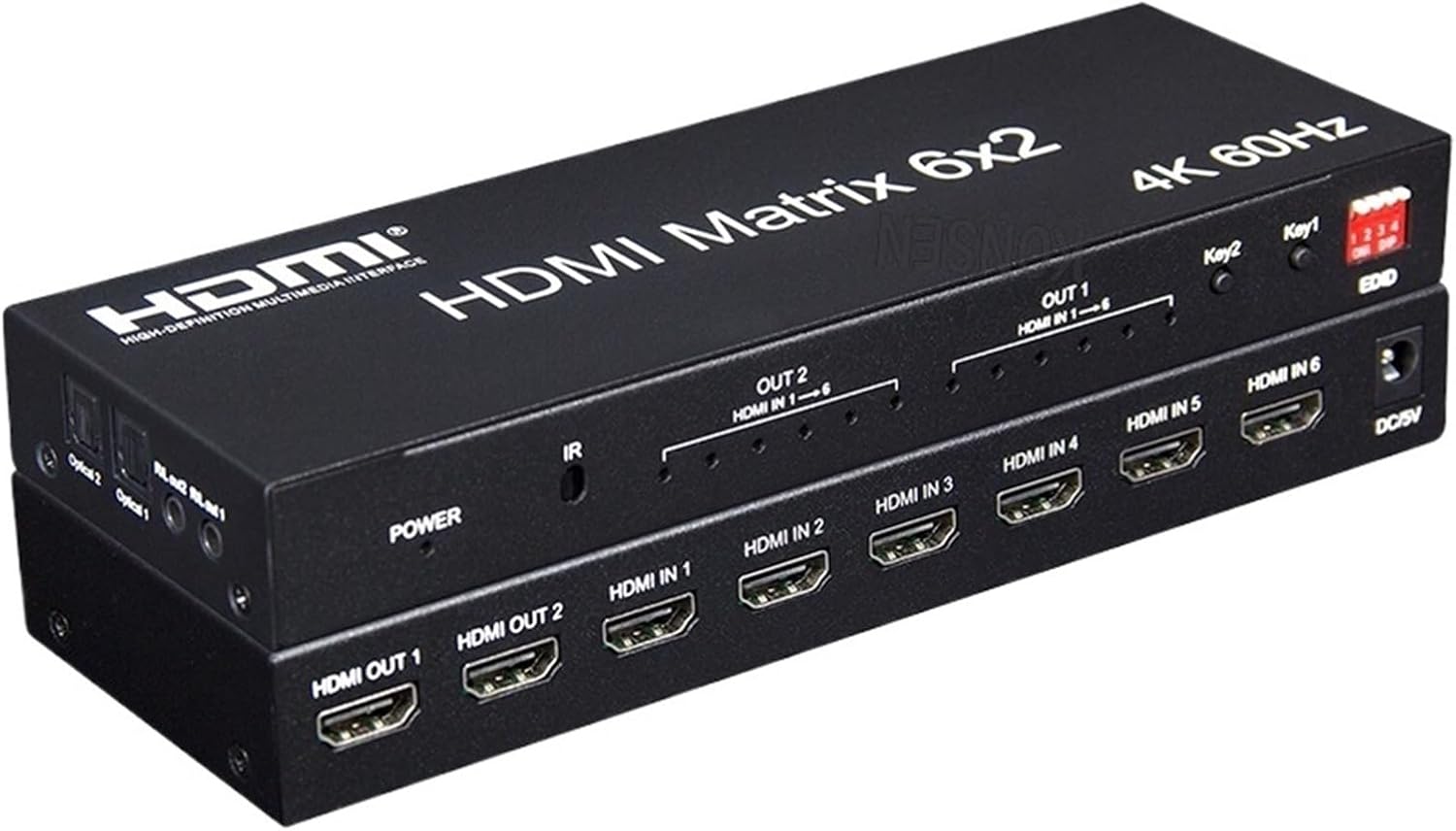 4K 60Hz 6x2 HDMI Matrix Switch 6 in 2 Out Matrix HDMI Switch Splitter with Optical R/L Audio Extractor Video Switcher Converter(with UK Plug)