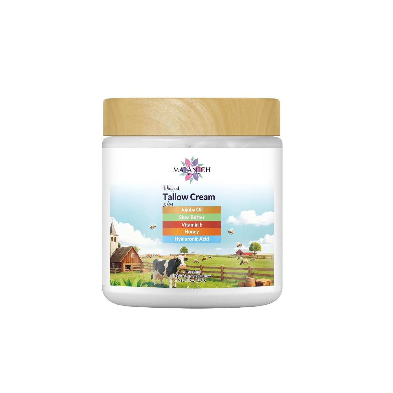 Malanich Whipped Tallow Cream 4oz – Grass Fed Tallow Moisturizer with Jojoba Oil, Shea Butter, Honey & Hyaluronic Acid, Deep Hydrating Face & Body Cream for Dry Sensitive Skin