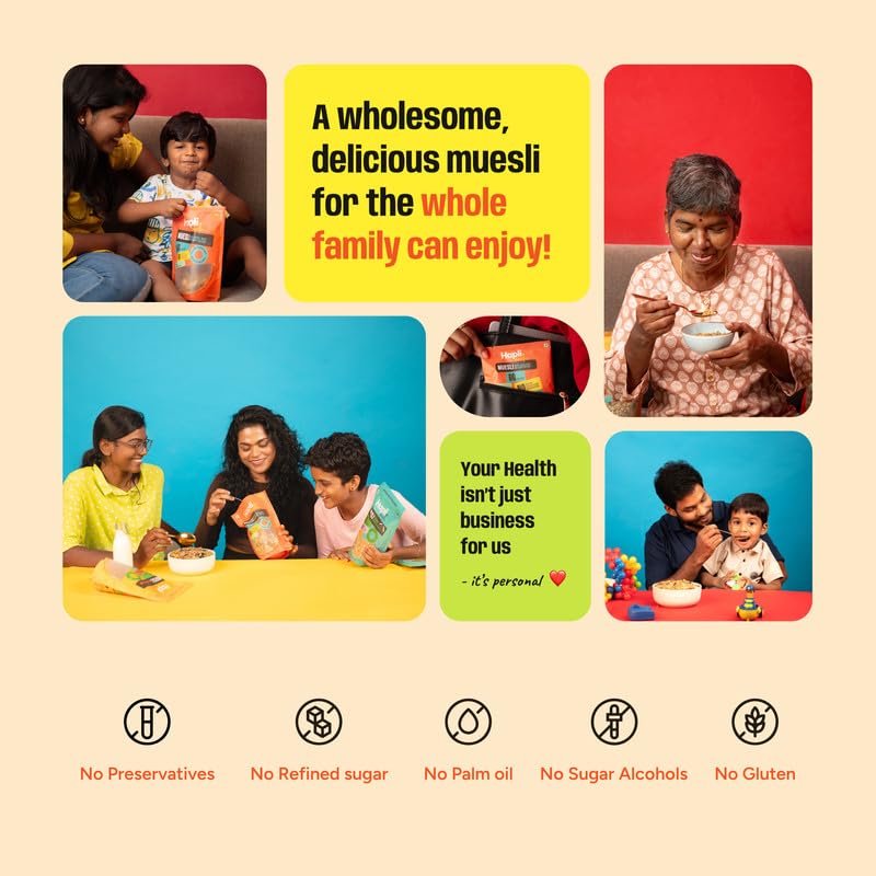 Image of Hapli Earth 6 Millet Muesli | Coconut, Almonds & Cashewnuts | 10g Protein, High Fibre | Healthy Breakfast Cereal with Rolled Oats, Coconut Chips & 4 Seeds | No Palm Oil, No Preservatives | 400g