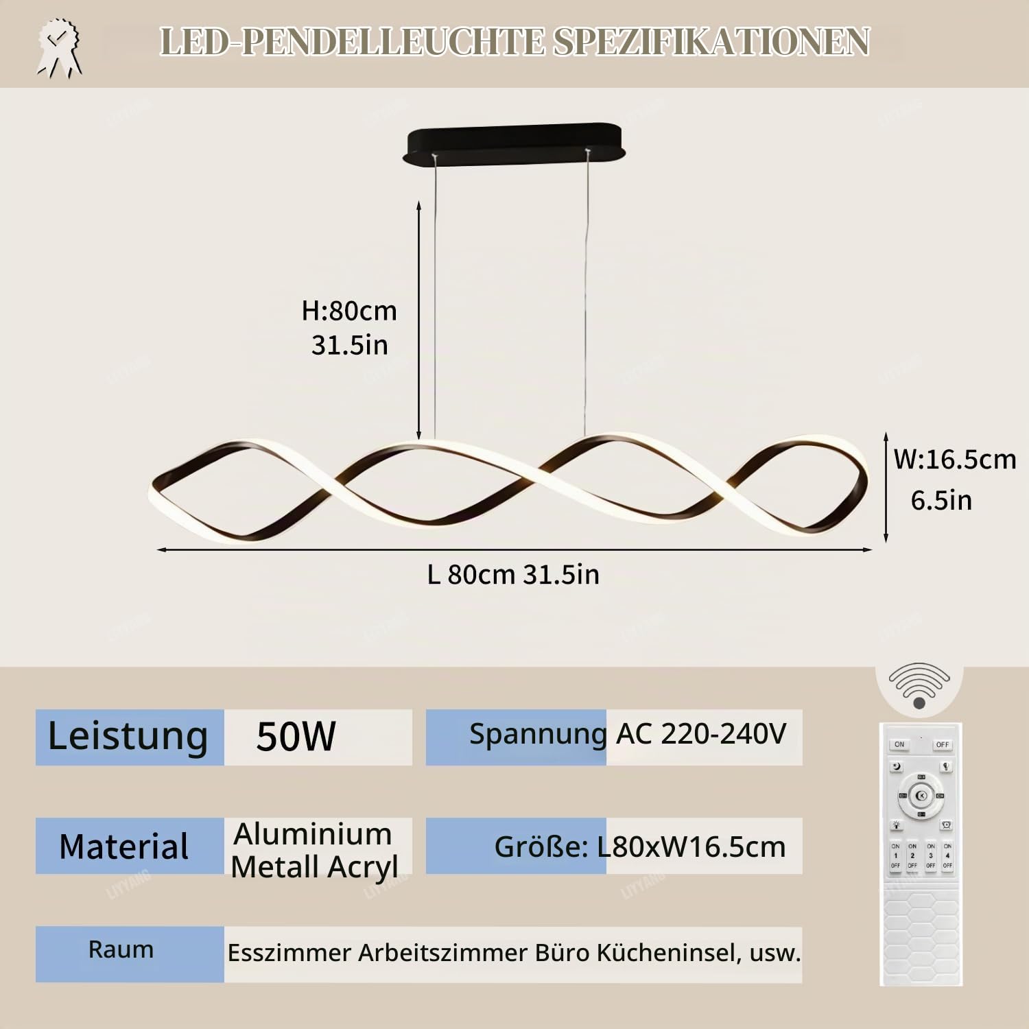 Kreative spiralförmige LED Pendelleuchte Decke Esstisch Kücheninsel Hängeleuchte Esszimmerlampe dimmbar mit Fernbedienung moderner Kronleuchter für Büro Küche Arbeitszimmer (Schwarzes, L80cm)