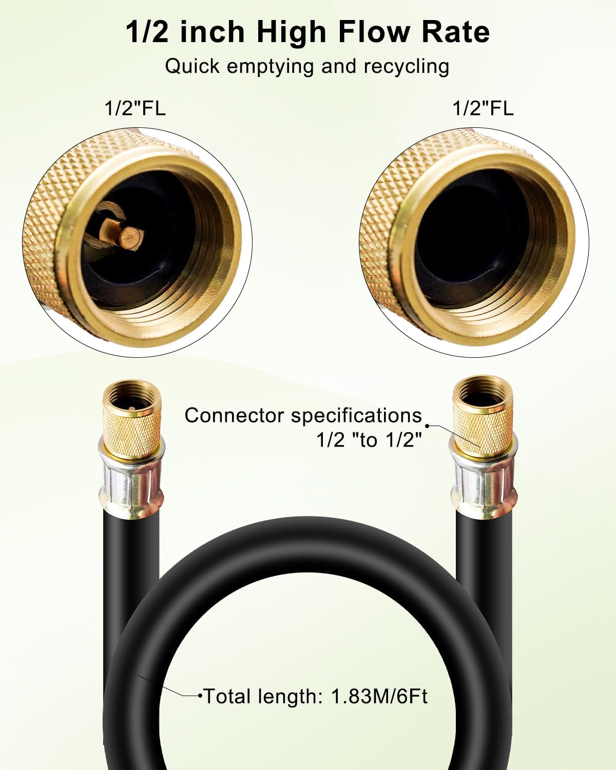 1/2 Inch HVAC Vacuum Hose 6 Feet Fit for R410a R134a R407C R502 R12 R22, 1/2" to 1/2" Fitting High Flow Vacuum Certified Refrigerant Hose, 20 Microns Vacuum