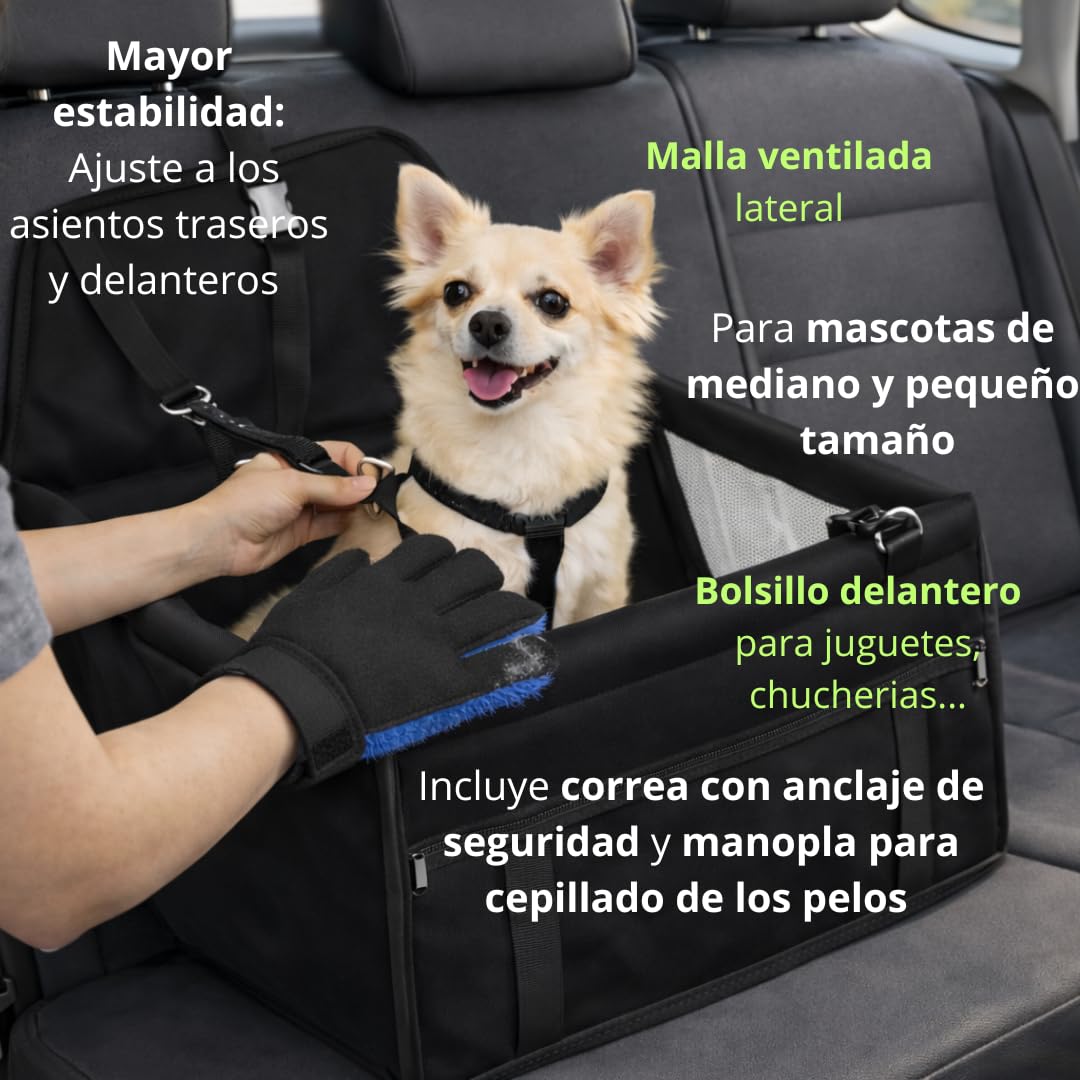 Transportín para Perros y Gatos para Coche | Asiento Seguro y Reforzado con Correa de Seguridad | Impermeable, Plegable y Universal | Incluye Manopla para Quitar Pelos | 40x40x32 cm
