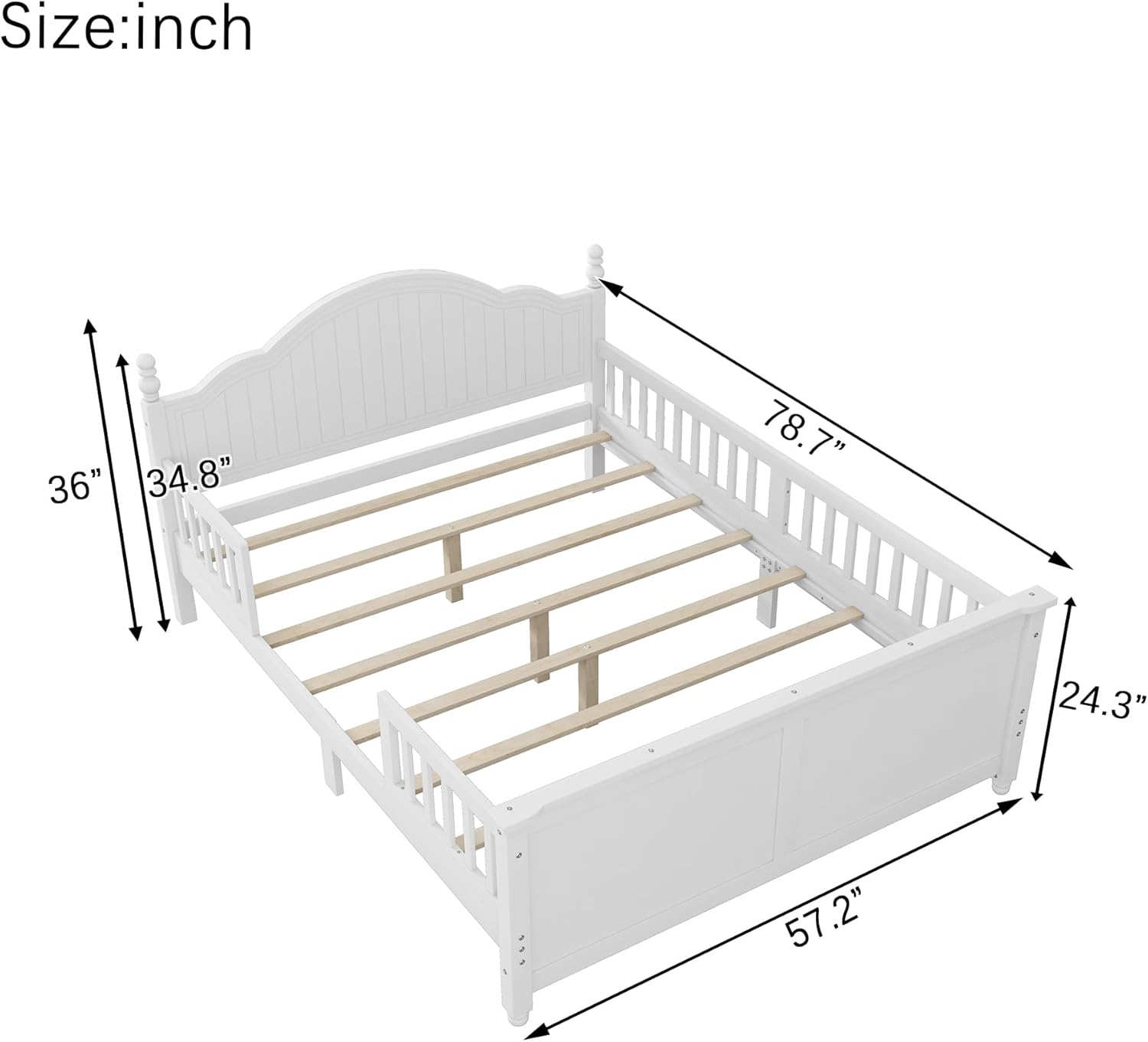 KEIKI Full Size Wooden Floor Bed w/Safety Removable Rails, Kids Platform DayBed Frame w/Headboard, Low Profile, Space Saving Day Beds for Boys Girls Bedroom, No Box Spring Needed, Easy Assembly, White