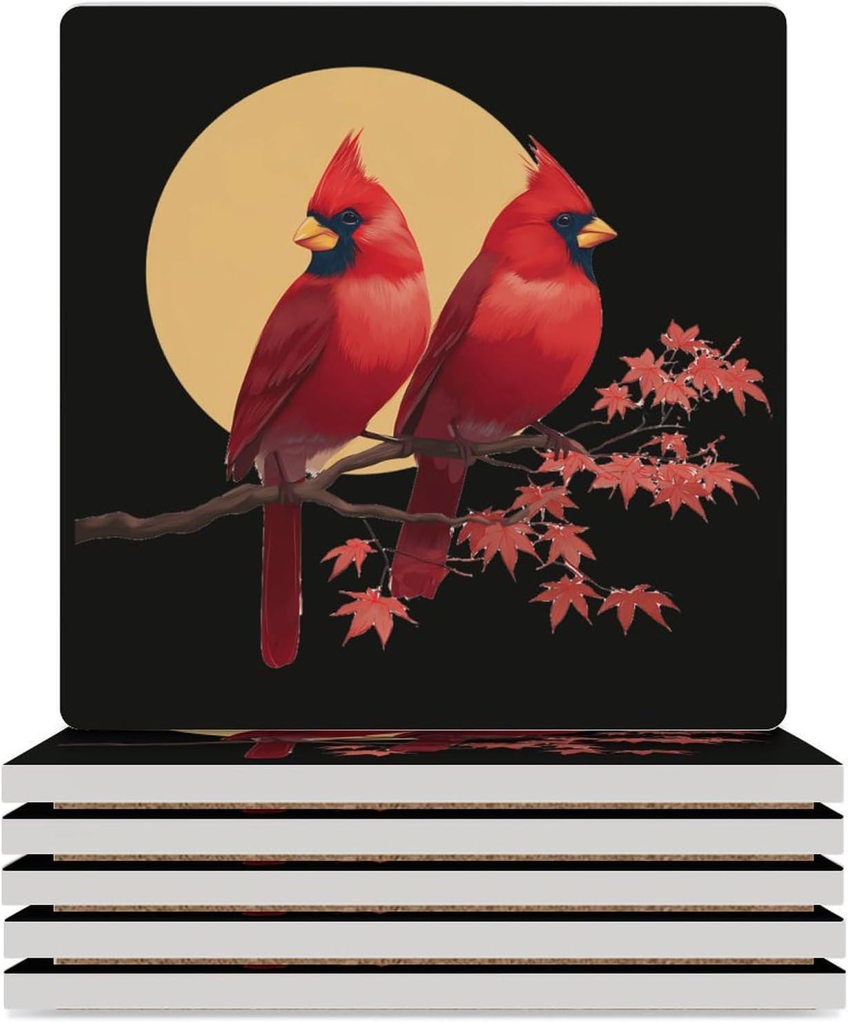 Cardinal Maple Leaves Coaster for Drinks Square Ceramic Table Coasters Stone Mat Crafts 6PCS Home Kitchen Decor
