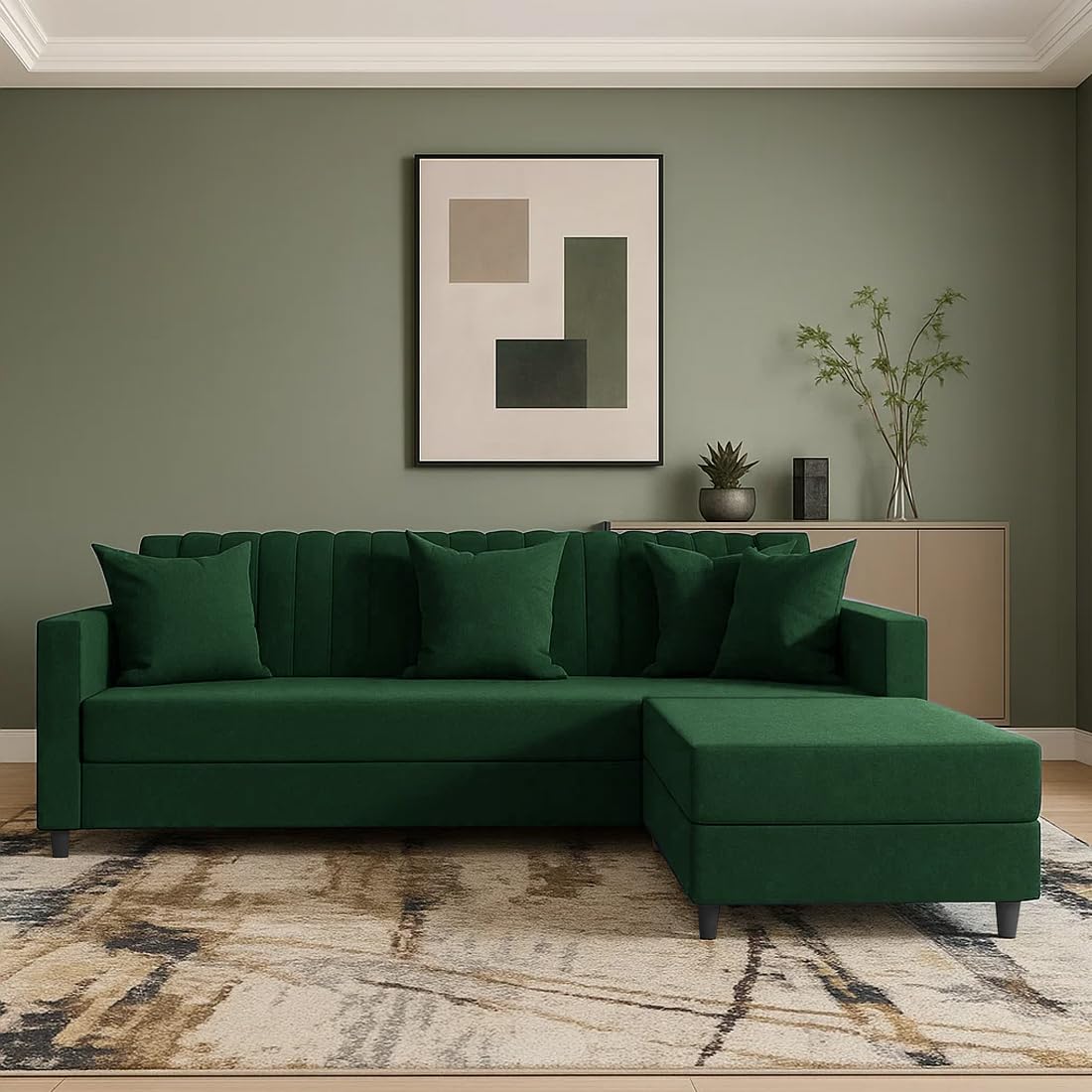 FURNY Koreno 4 Seater L Shape Convertible Sofa Set for Living Room, 3 Seater & Ottoman Modular Sectional Couch for Small Space (Green)-image-13