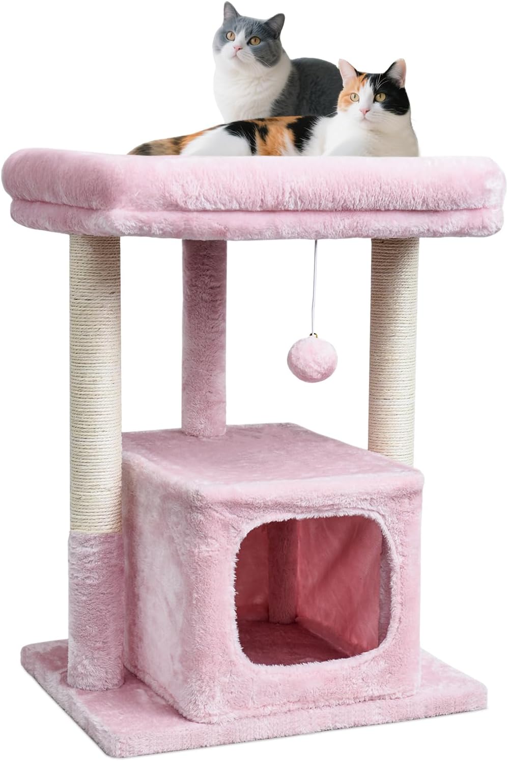 SYANDLVY Small Cat Tree for Indoor Cats Large Adult, 27″ Activity Tower with Scratching Posts, Modern House with Padded Perch, Kittens Condo, Cat Cave, Pink