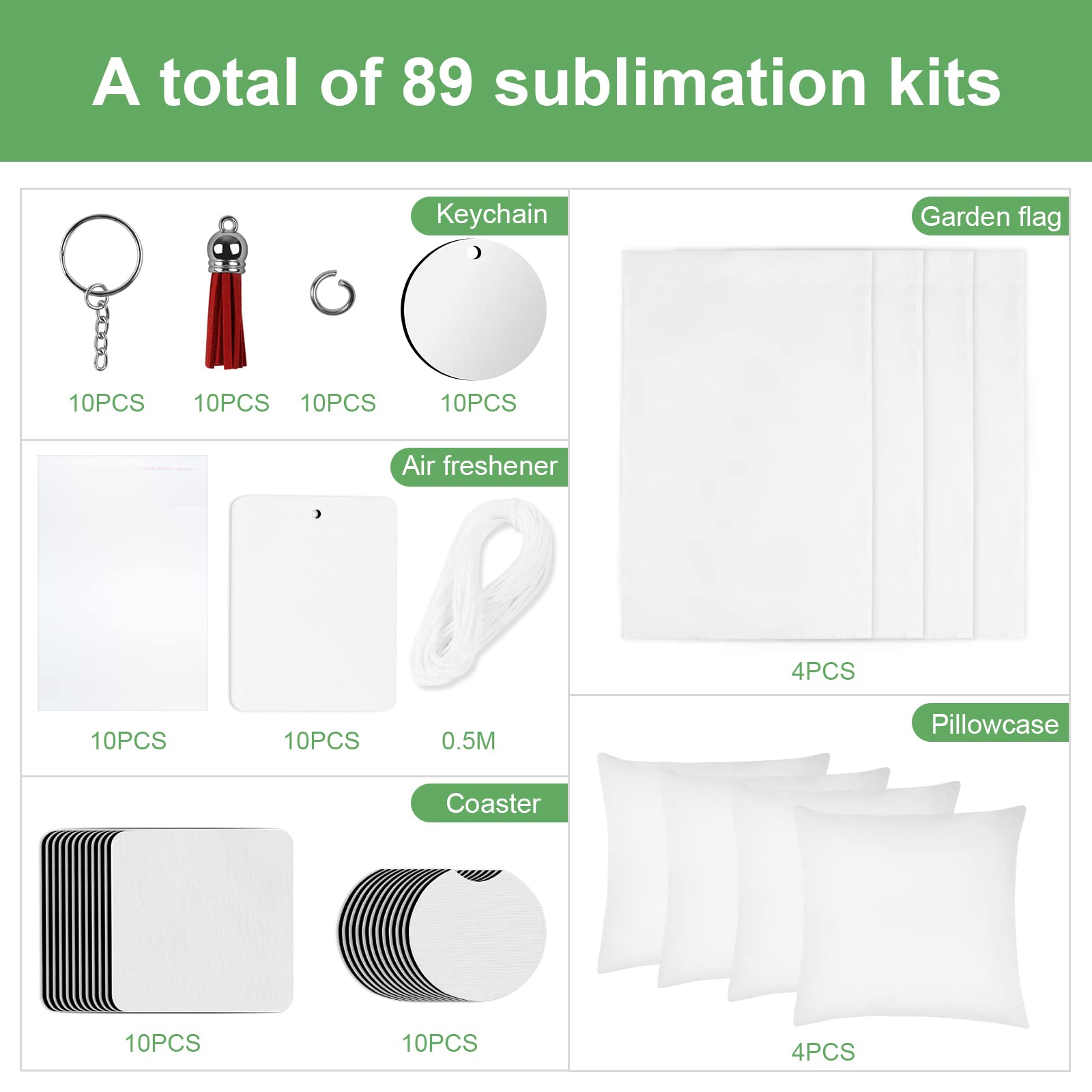 Ainiv 89PCS Sublimation Blanks Products Set, Sublimation Blank Car Coaster, Keychain with Tassel, Pillow Covers, Garden Flags, Air Freshener Sheets for Sublimation Transfer Heat Press Printing Crafts