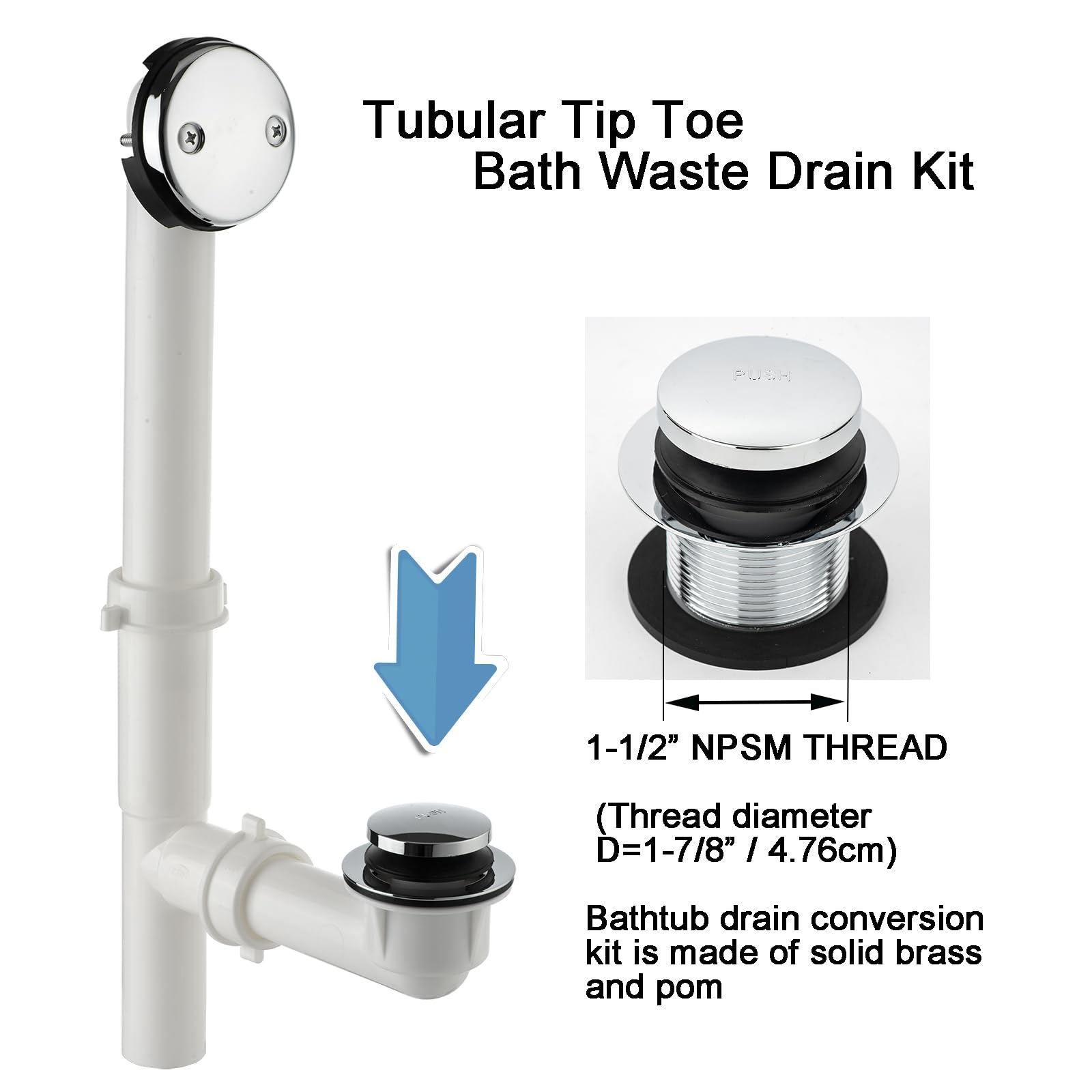 Condition photo showing New/Like New for 1-1/2" polished chrome bathtub tub drain kit bath waste overflow drain tube assembly with touch-toe tub drain stopper and overflow faceplate polished chrome
