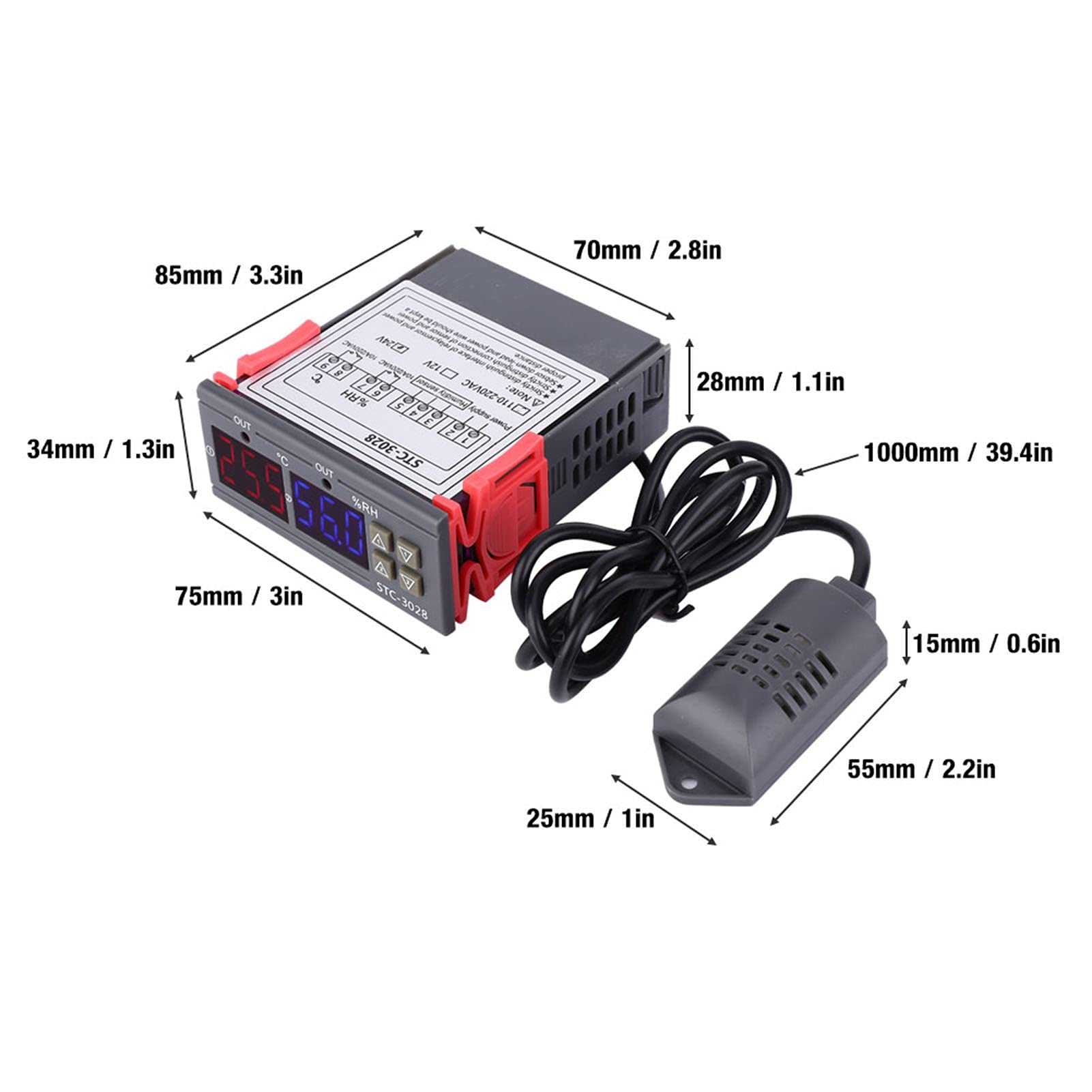 STC-3028 Control de Temperatura 12V/24V/110V /220V Pantalla Digital Controlador de Temperatura Y Humedad Medidor con Sensor Integrado(24V)