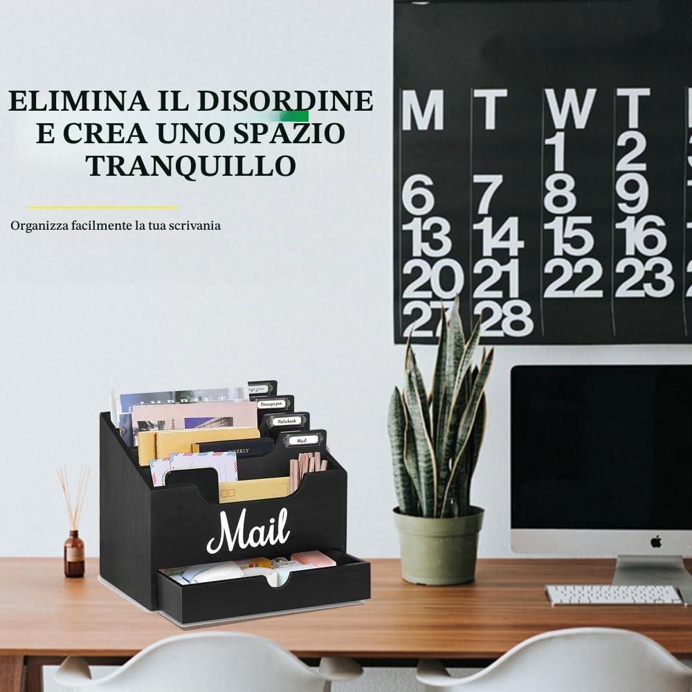 Organizzatore di Posta da Scrivania in Legno con 4 scomparti e cassetto, Organizzatore per Cartelle di Carta e Lettere, Organizer per Cartelle per Scrivania per Lettere Cancelleria, Nero