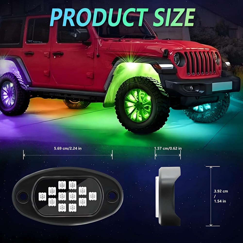 RGB LED Rock Lights, wielofunkcyjne neonowe podświetlenie wodoodporne światło ze sterowaniem aplikacją, wielokolorowe światła do ATV, UTV, SUV, A