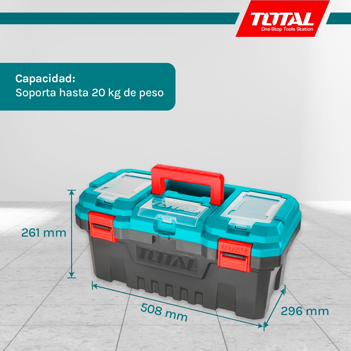 Total - Organizador de Herramientas - Caja de Plástico con Bandeja Extraíble y Tapa Superior - 3 Áreas de Almacenamiento y Función Escala - Asa y Cierres Resistentes - Medidas 508x296x261mm