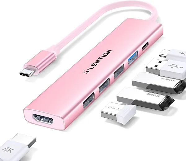 LENTION USB C Hub Multiport Adapter with 100W PD Charging, 4K HDMI, 4 USB-A Data Ports, Type C Hub for 2024-2016 MacBook Pro, New Mac Air/Surface, Chromebook, iPhone 15 Pro/Pro Max (CH17, Ro
