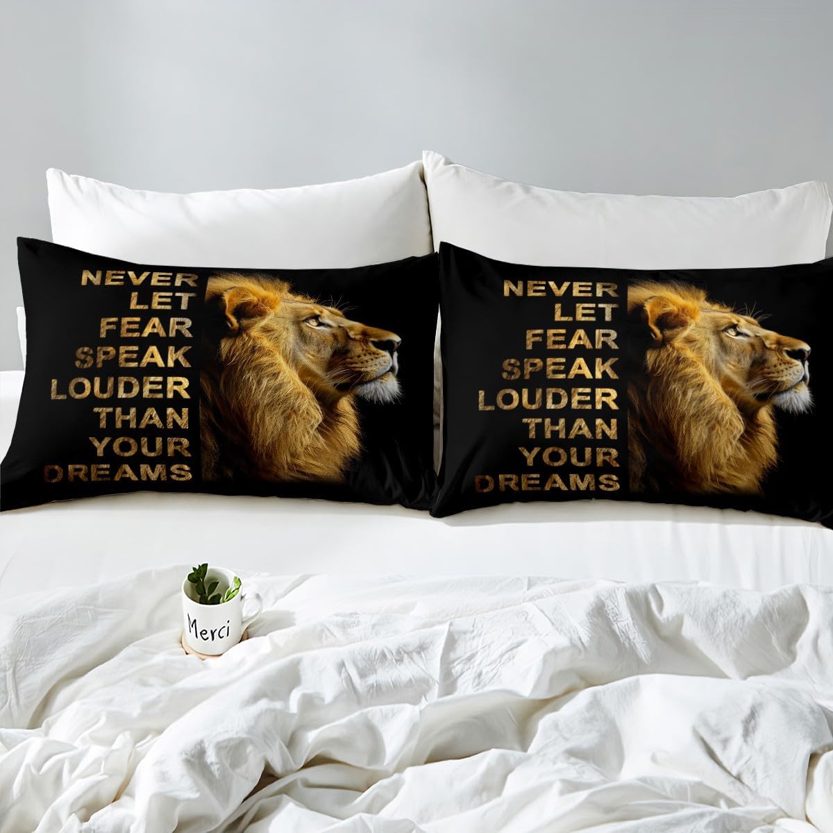 Manfei Wild Lion Duvet Cover,African Wildlife King Animal Quilt Cover(No Filler),Inspirational Quotes Artwork Bedding Set with 2 Pillowcases,Brown Black Teens Room Decor,Queen Size