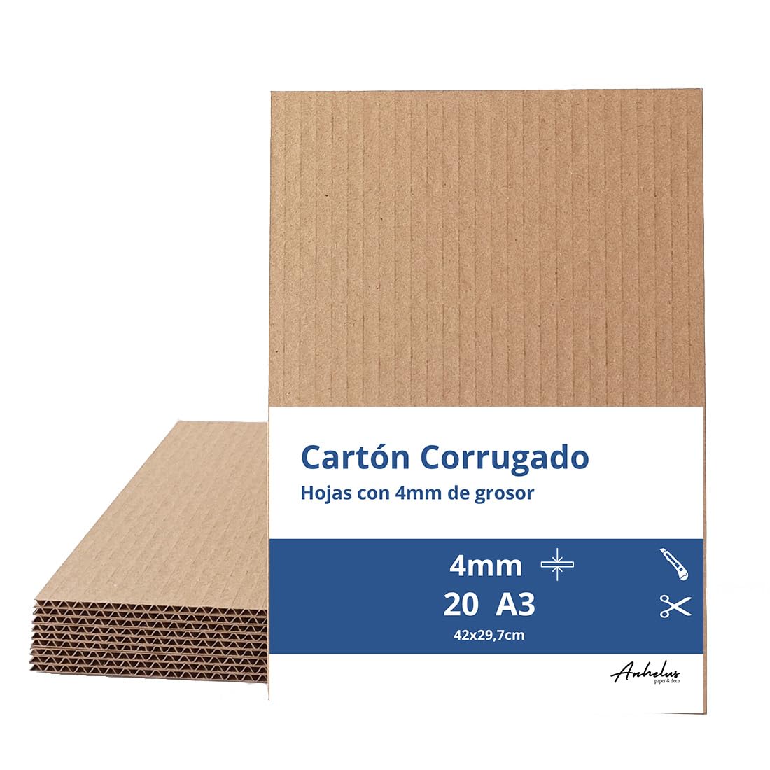 20 Hojas A3 Cartón manualidades 4mm tamaño 42x29,7cm | Pack 20 unidades | Carton corrugado de 4mm | Plancha carton ondulado marrón para embalaje y manualidades