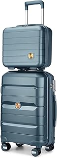 20" Carry On Luggage and 14" Mini Cosmetic Cases Travel Set Lightweight Polypropylene Suitcase with TSA Lock YKK Zipper Hardside Luggage with Spinner Wheels (2 Piece Set, Ice Blue)