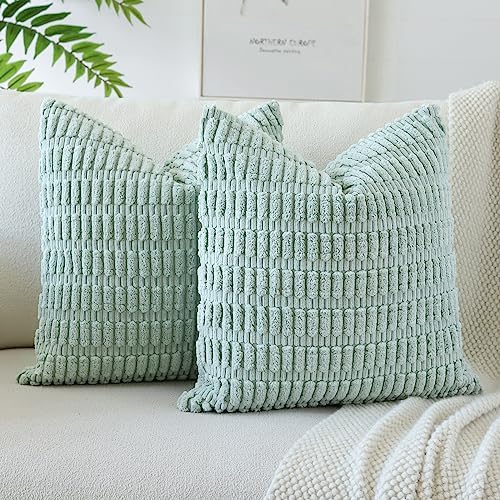 JOTOM Corduroy Soft Striped Decorative Throw Pillow Covers 24x24 Inch Square Cushion Covers 60x60 cm Boho Home Decor Pillowcases Cushion Case for Sofa Couch Living Room Bed Set of 2 (Cream White)