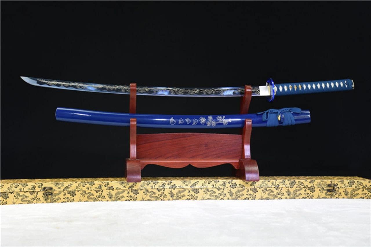 Blue Japanese Cherry Blossom Samurai Sword Handmade T1095 high Carbon Steel Katana Full Tang Blade Combat Ready Sharpened