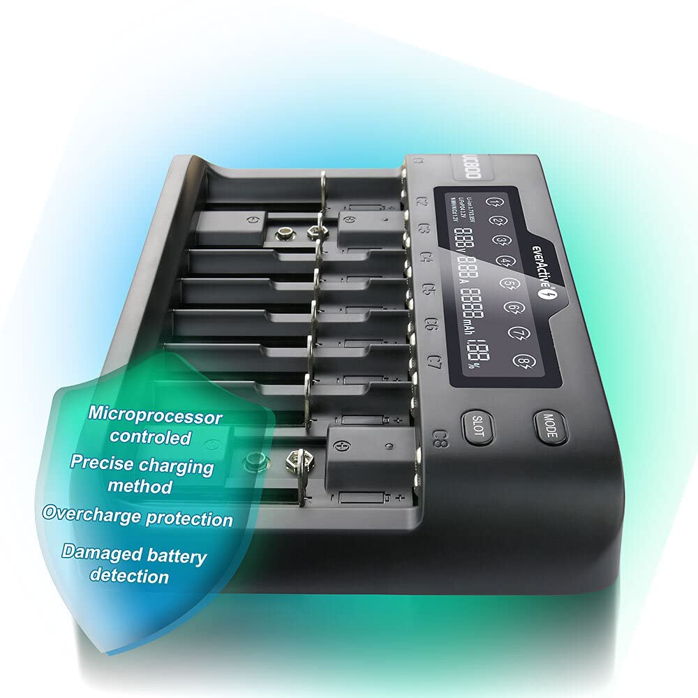 everActive Caricatore per fino a 10 batterie agli ioni di litio e NI-MH, Li-HV e Li-FePO4 professionale, veloce e universale, display LCD, test di capacità, modello: UC800