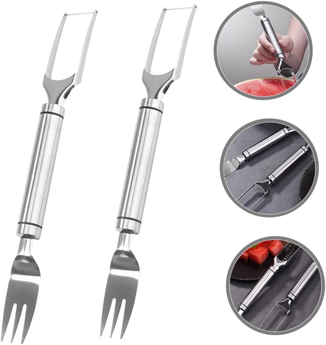 ABOOFAN 2pcs Watermelon Slicer Fork Set Stainless Steel Fruit Chopper Multifunctional Kitchen Tool
