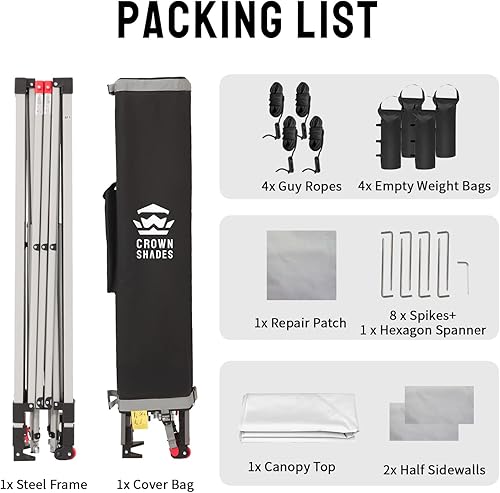 Miniatura 8 de CROWN SHADES Carpa Toldo Emergente de 10x10 pies Carpa Instantánea con Tela Recubierta de Plata 150D Incluyendo 2 Medias Paredes Laterales, 4