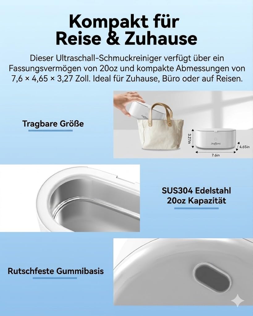 Jeatone Ultraschallreinigungsgerät Brille,Ultraschallreiniger 600ml 46KHz,Ultraschallgerät Ultrasonic Cleaner für Brillen Schmuck Uhren Zahnschiene Zahnprothesen Kontaktlinsen Glasses Jewelry Aligner