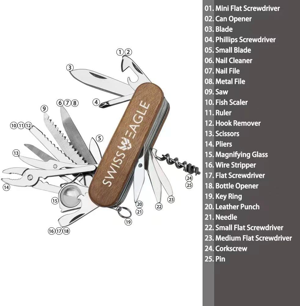 Swiss Eagle 30-in-1 Classic Pocket House Hold & Campaign Tool, Premium Multi Tool Pocket Tool with Blade, Scissor, Screwdriver, Plier, Magnifying Glass, Tweezer for Christmas Gifts - - Brown
