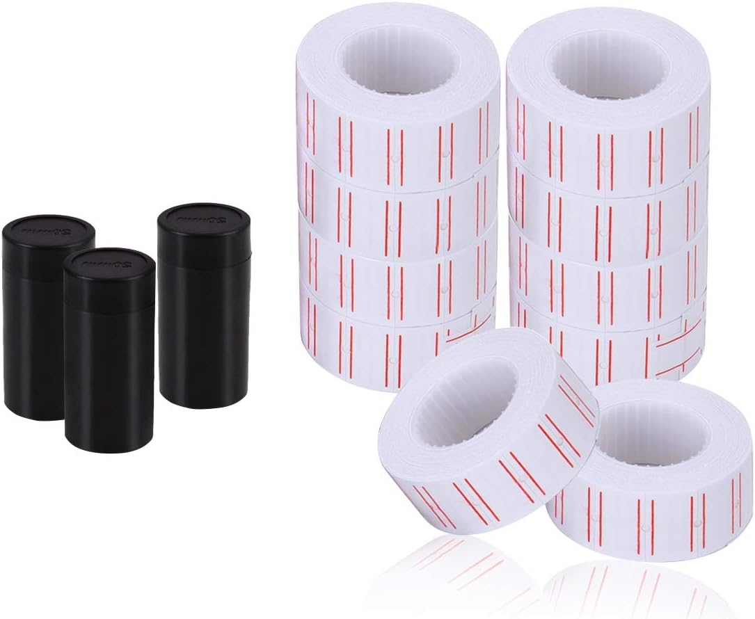 hatisan Price Gun Labels, 10 Rolls x 5000 White Pieces, Compatible with Mx-5500, 3pcs Ink Rollers, Double Red Lines, 500 Price Tag per Roll, 5000 Labels Total