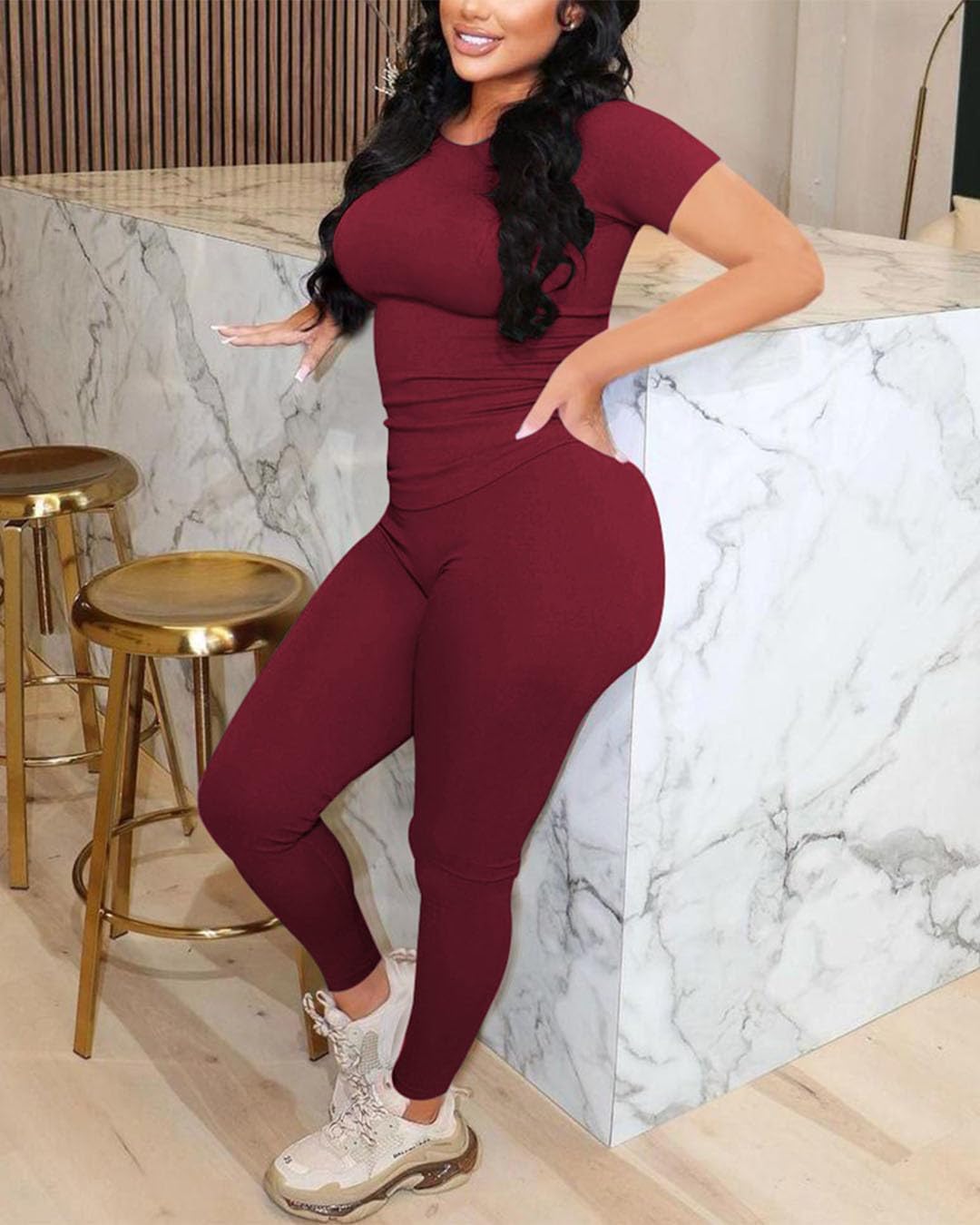 PINSV 2 Piece Sets for Women Summer Workout Sets Short Sleeve Top Jogger Legging Pants Track Suits - Image 3