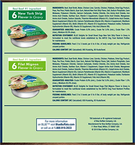 Blue Buffalo Delights Natural Adult Small Breed Wet Dog Food Cups Variety Pack, In Hearty Gravy, Filet Mignon & New York Strip 3.5-Oz Cups (12 Count - 6 Of Each Flavor) #TOP1