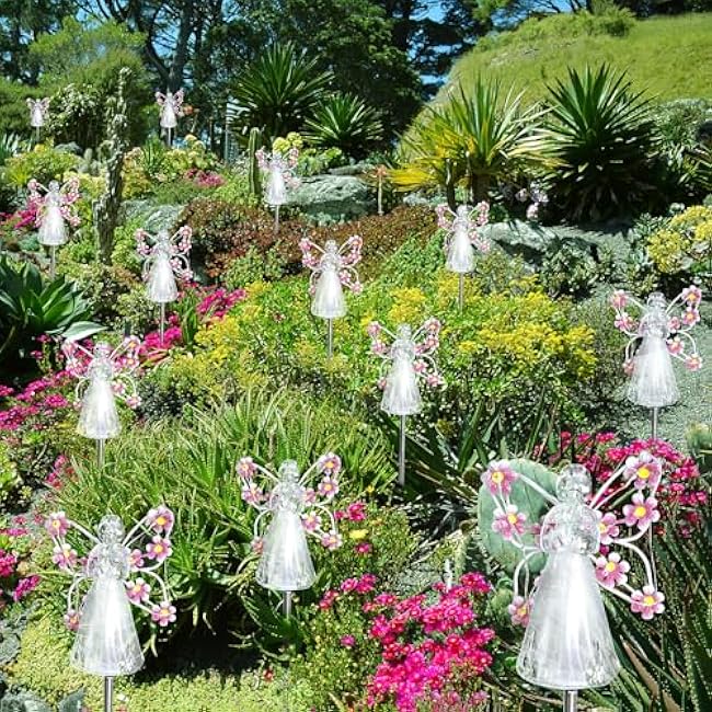 Flumy Solar Lights Outdoor Waterproof 2 Packs,Cemetery Grave Decorations,Memorial Gift,Christmas Yard Art,Solar Lights for Outside Gardening Supplies, Iron Winged Angel Light Solar Powered¨ÛPink