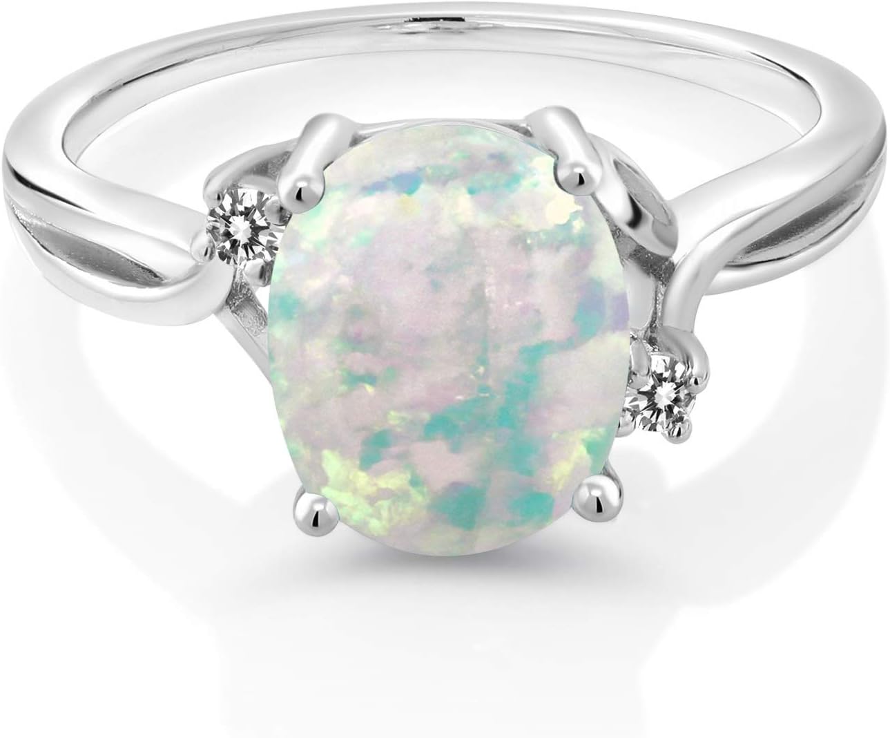 Gem Stone King 1.73 Cttw White Opal and White Diamond 3-Stone Ring For Women | 925 Sterling Silver | Oval Cabochon 10X8MM | 3 Stone Wedding Engagement Anniversary Promise Ring For Women